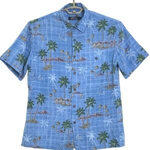 Boca Classics Mens Button Down Shirt L Blue S/Sleeve Tropical Palm Tree Hawaiian